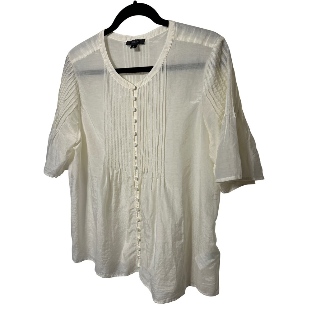 J. Crew Women's Pintuck‎ Pleated Silk Blend Button Front Blouse Ivory Size Large